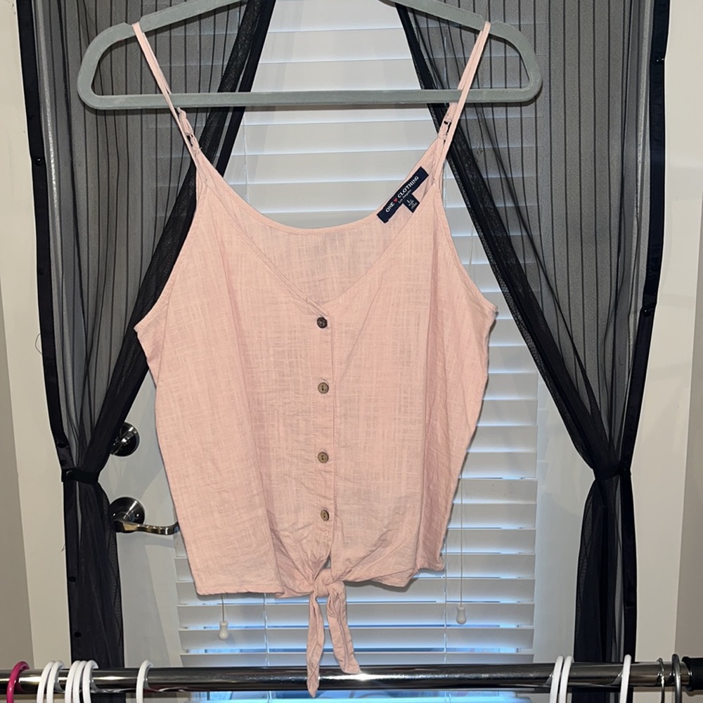 Pink tank top with front buttons and knot tie